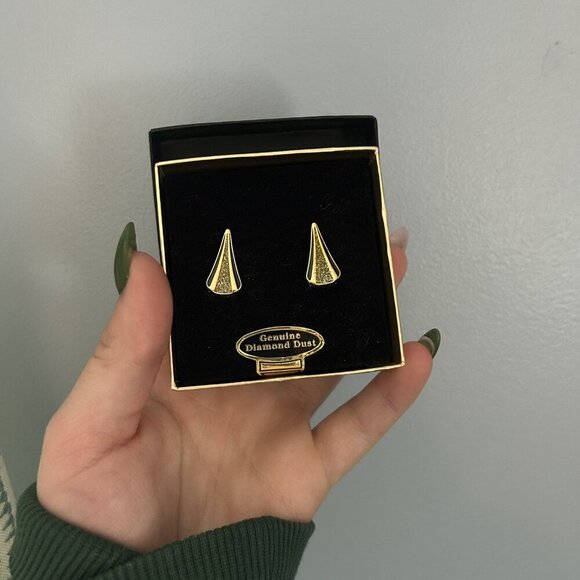 Genuine Diamond Dust Gold Toned Clip On Earrings Vintage Teardrop 90s Van Doran - Picture 3 of 6